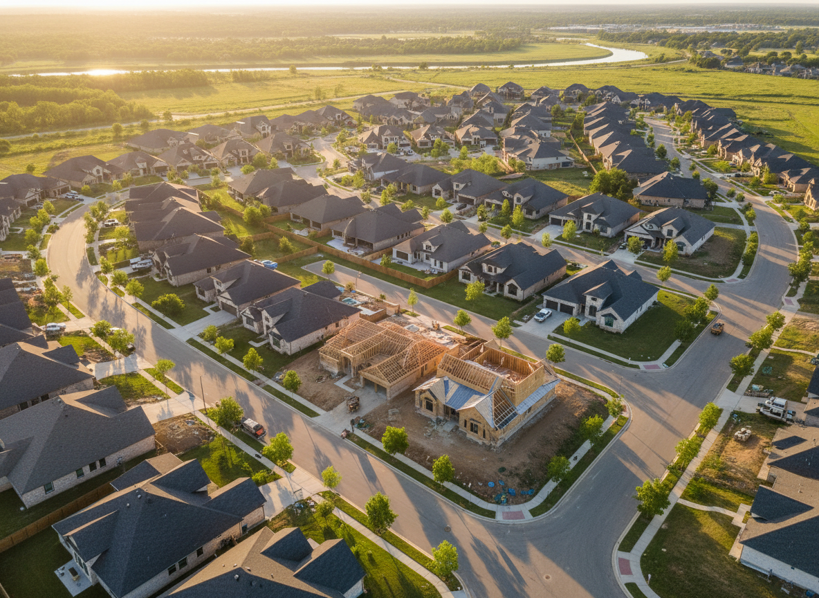 Aerial view of residential subdivision with homes in various construction stages