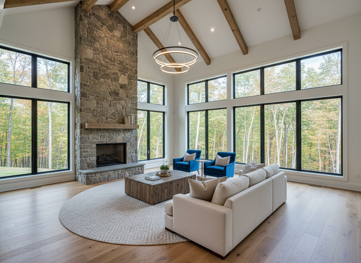 Open-concept great room with exposed timber beams and Pella windows