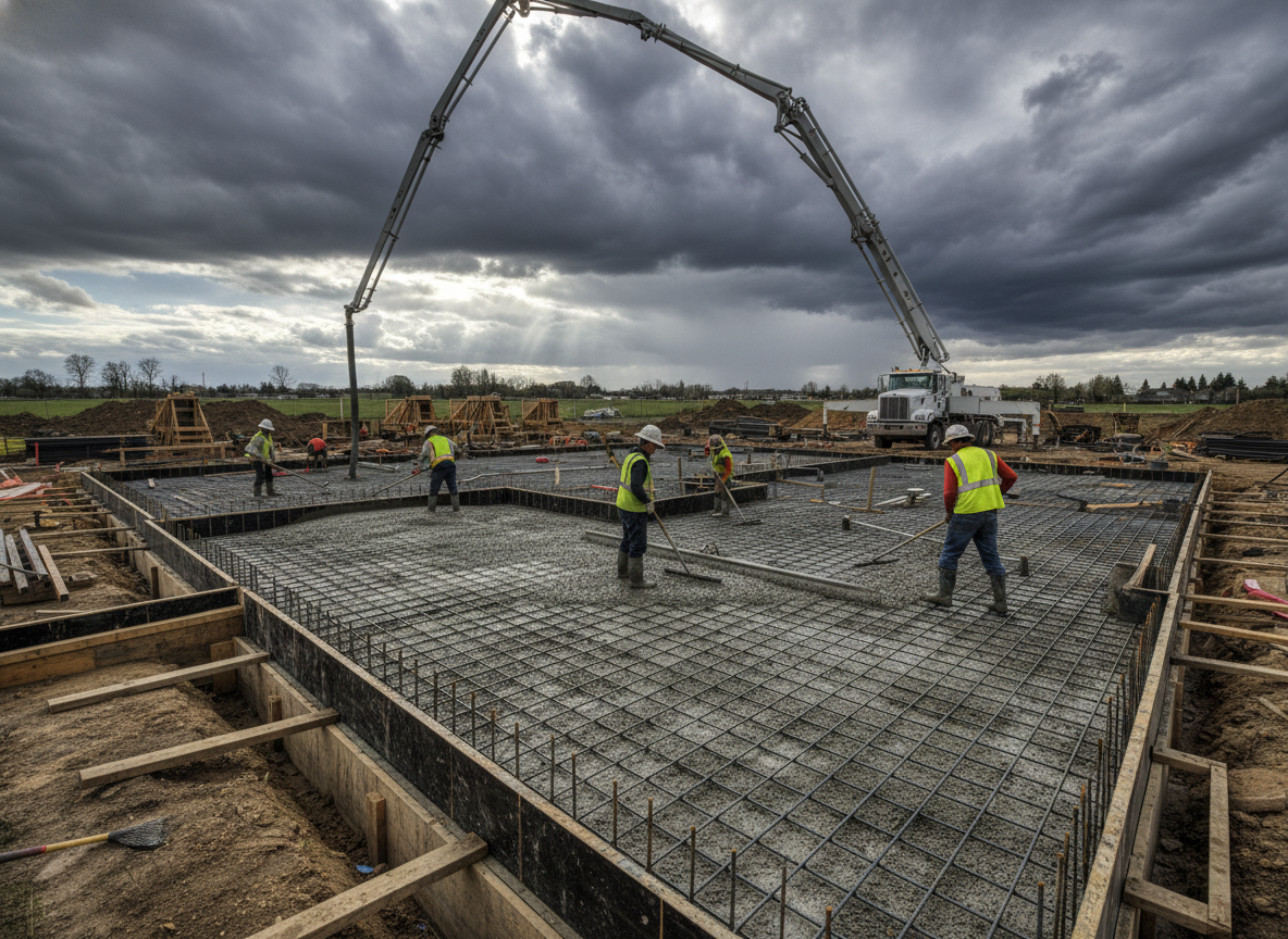 Concrete foundation pour in progress with rebar grid and pump truck
