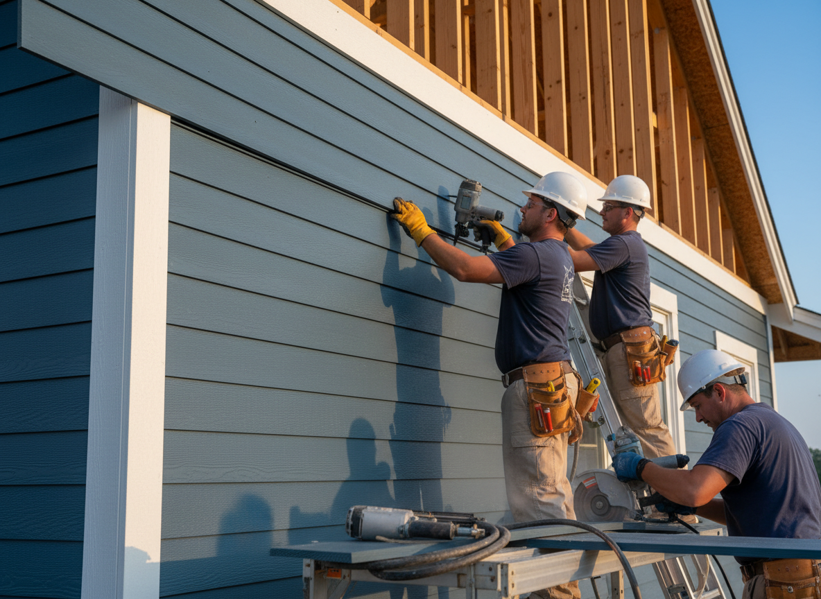 James Hardie fiber cement siding being installed on a new custom home